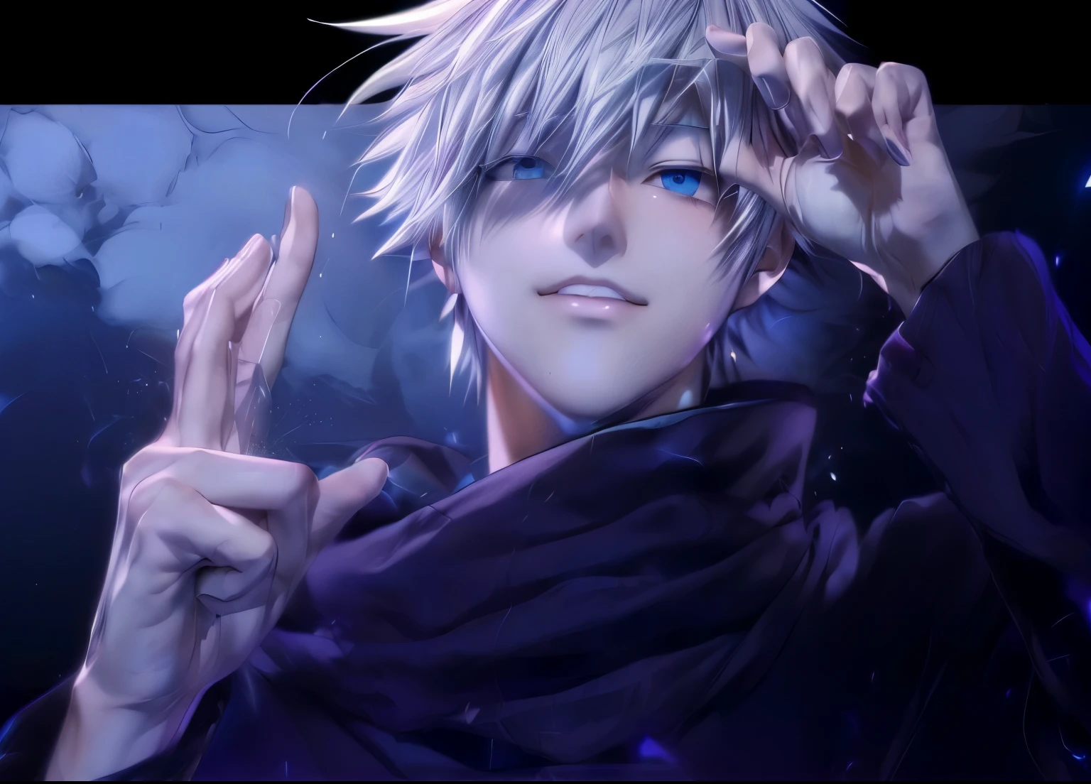 Anime guy with white hair and blue eyes doing a peace sign, Tall anime guy with blue eyes, Kaneki Ken, ken kaneki, With index finger, Killua＝Zoldyck Black Hair, Killua・ゾルディックの肖像画, nagito komaeda, Danganronpa digital art, Best anime 4k konachan wallpaper