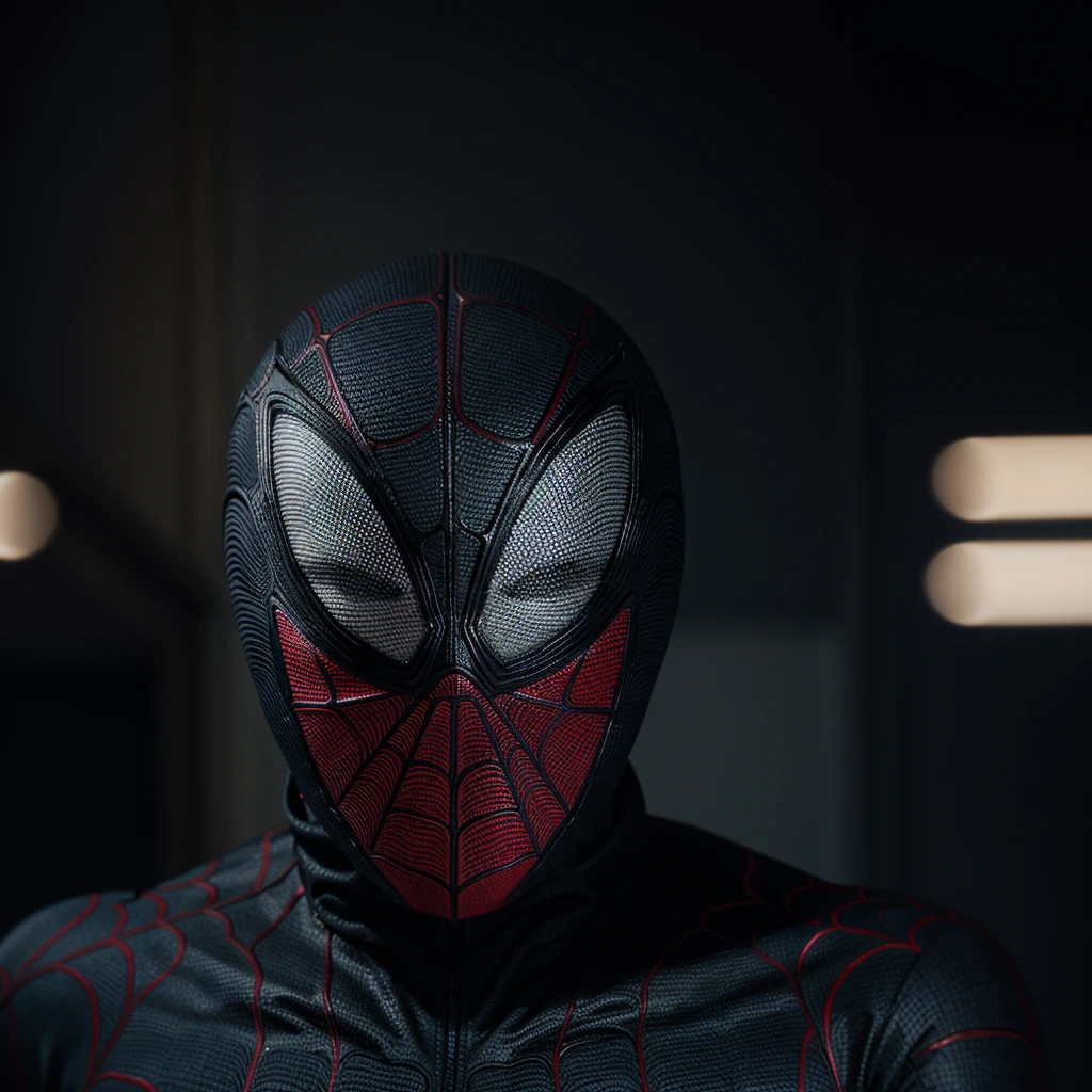 Spiderman Face Close Range In Black Suit. High Graphic With Details Of Fabric. With Rear Bokeh. Realistic.