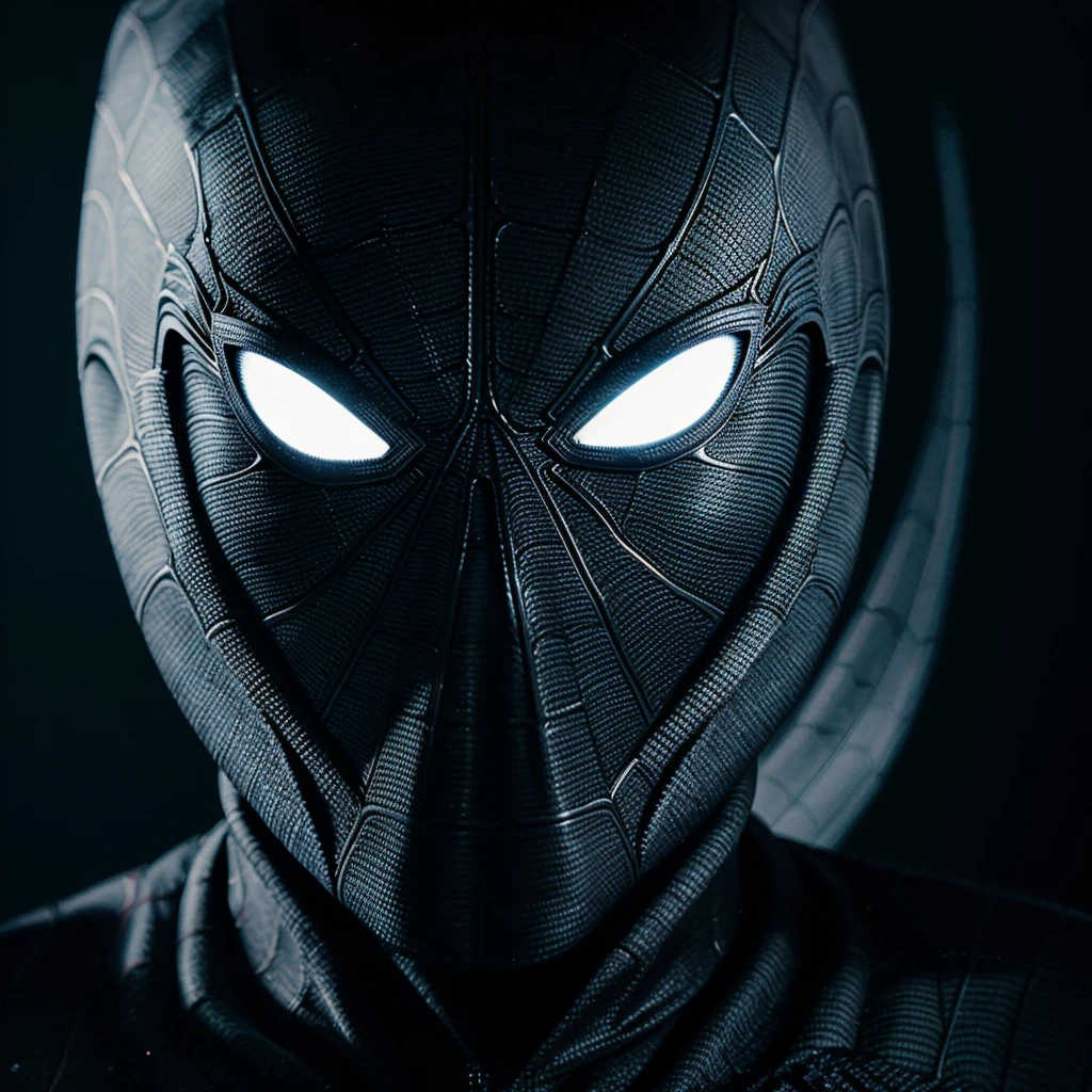 Spiderman Face Close Range In Black Suit. High Graphic With Details Of Fabric. With Rear Bokeh. Realistic. 