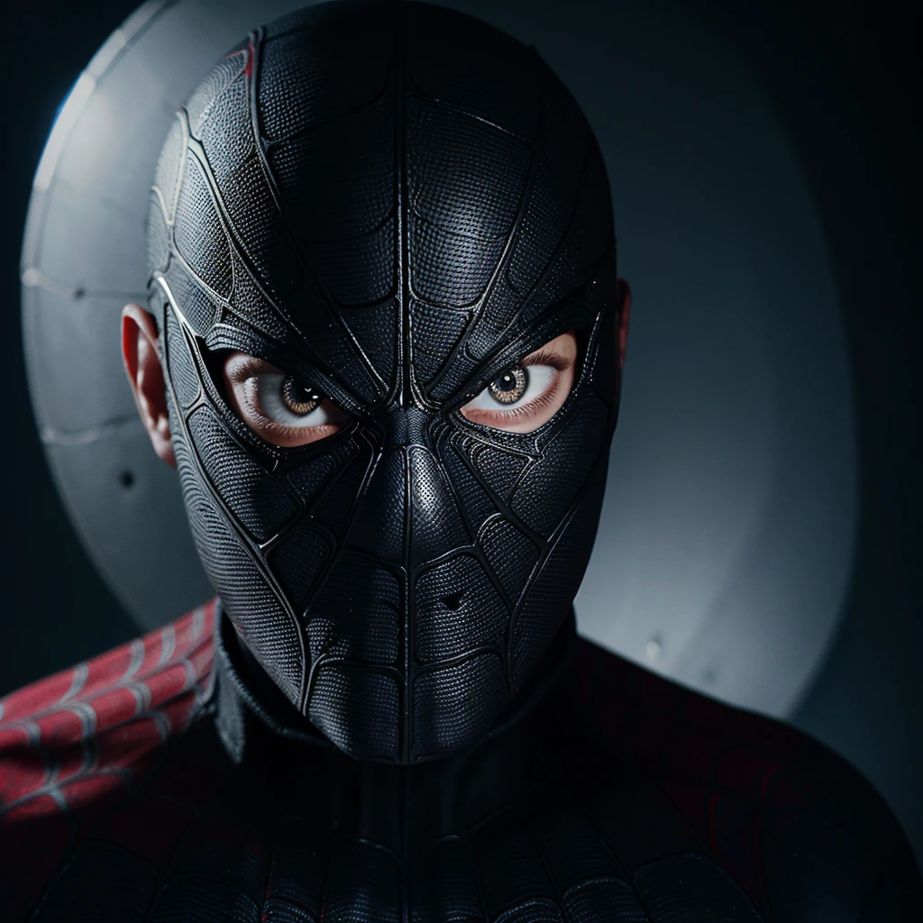 Spiderman Face Close Range In Black Suit. High Graphic With Details Of Fabric. With Rear Bokeh. Realistic.