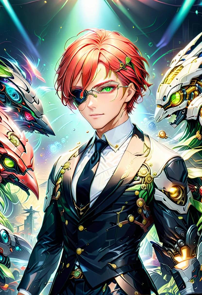 Arafed a picture of a human male spy, wearing dark suit, wearing ((mecha eye patch)), ((eye patch covering only one eye: 1.5))exquisite beautiful male, red hair, short hair, green eyes, ((the eye patch has intricate mechanical part in it: 1.4)), high society gala event background, (Masterpiece: 1.5), 16k, highres, best quality, high details, ultra detailed, masterpiece, best quality, (extremely detailed), Mechanical Creatures