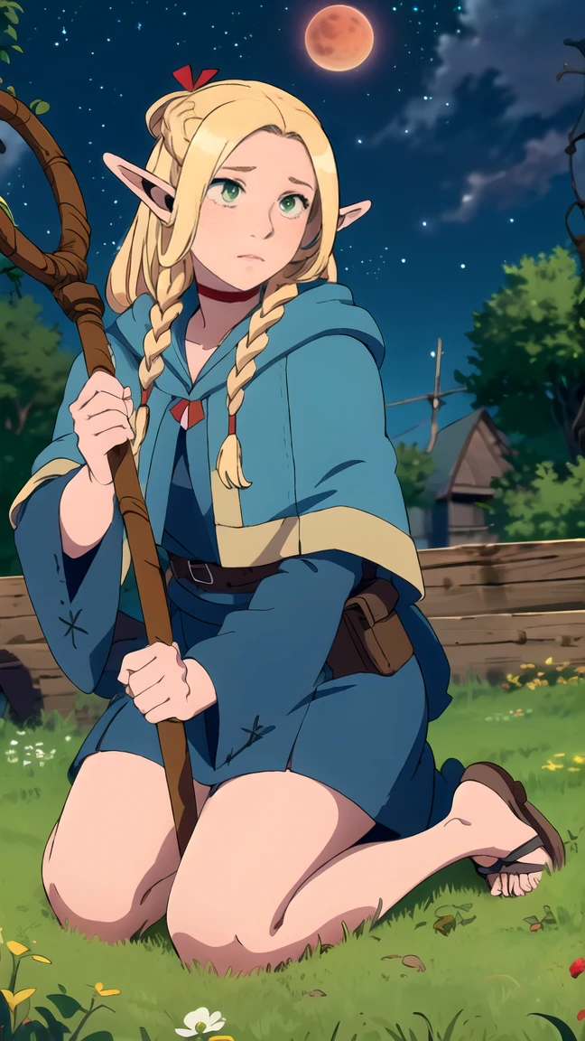 ((Best quality)), ((very detailed)), masterpiece, detailed face, Beautiful face, , (1 girl), dynamic angle, riding, bicycle, naked, nude, erotica, kneeling,  Marseille_donated_dungeonmesh, blonde hair, long hair, double braids, elf, pointed ears, green eyes, red necklace, blue cape, robe, sandals, holding staff, (on open air, On the stairs, night, night sky, stars, blood moon, telescope, hurricane)
