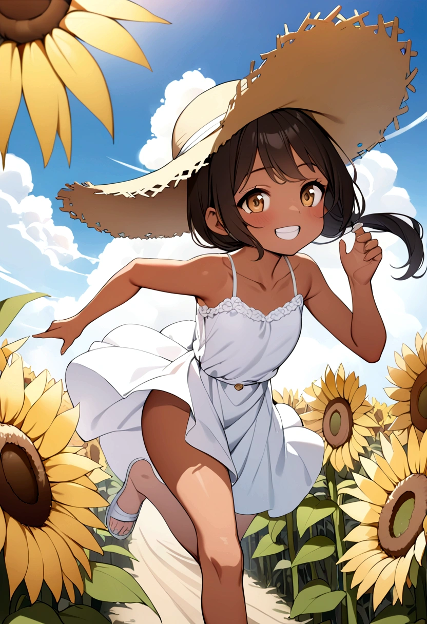 ((masterpiece)),((Highest quality)),((High resolution)),((Anatomical)),((Realistic)),((Detailed Description)),((Perfect lighting)),((8K)),((cute)),((blue sky)),((cumulonimbus)),((Big sunflower field)),(((One ))),(((Lori))),(((neutral))),((8-year-old)),((Beautiful eyes)),((Baby Face)),((low length)),((Petite)),((slender)),((smile)),((White teeth)),((((Deep tan)))),((Full body view)),((Pure white dress)),((Straw hat)),((Sprinting)),