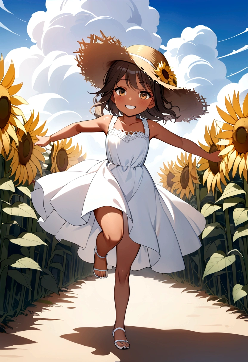 ((masterpiece)),((Highest quality)),((High resolution)),((Anatomical)),((Realistic)),((Detailed Description)),((Perfect lighting)),((8K)),((cute)),((blue sky)),((cumulonimbus)),((Big sunflower field)),(((One little girl))),(((Lori))),(((neutral))),((8-year-old)),((Beautiful eyes)),((Baby Face)),((low length)),((Petite)),((slender)),((smile)),((White teeth)),((((Deep tan)))),((Full body view)),((Pure white dress)),((Straw hat)),((Sprinting)),