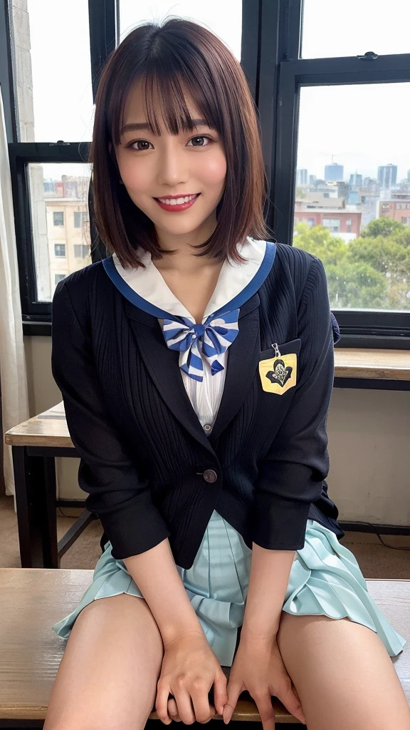 score_9, score_8_superior, score_7_superior, highest quality, Realistic, masterpiece, Beautiful details, hyperRealistic, woman,14, 13yo, 12 years old, Round and small face, Baby Face,One girl, masterpiece, high quality, High resolution, (Open naked blazer:1.25),(schooluniform,bow,pleated skirt:1.35), Outdoor, (medium Breasts, Cleavage, slender waist,abs:1.25),whole body, null, cloud, Complex background, Warm Light, (Top crop:1.2), Covered nipples, (short hair,no part hair:1.35) (classroom:1.3),(sitting with spreading legs on the desk,lotus position,Indian style:1.55)、(big Droopy eyes, Natural Makeup、Ultra-high definition beauty face:1.35)、(Ultra high resolution perfect beautiful teeth, Mid-chest, Tight waist,toothy smile:1.15)、Use natural light and color,lity glossy red lips
