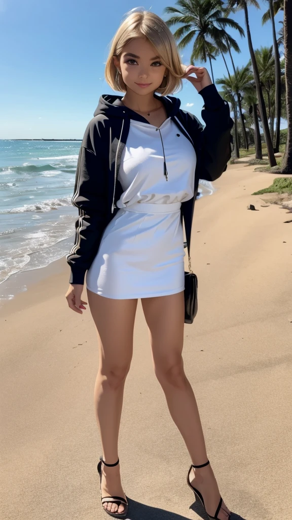 Woman, Sherry birkin, little smile expression, wearing mini white dress with hoody, black nails polish, blonde bob hair, full body, with heels, at the beach park