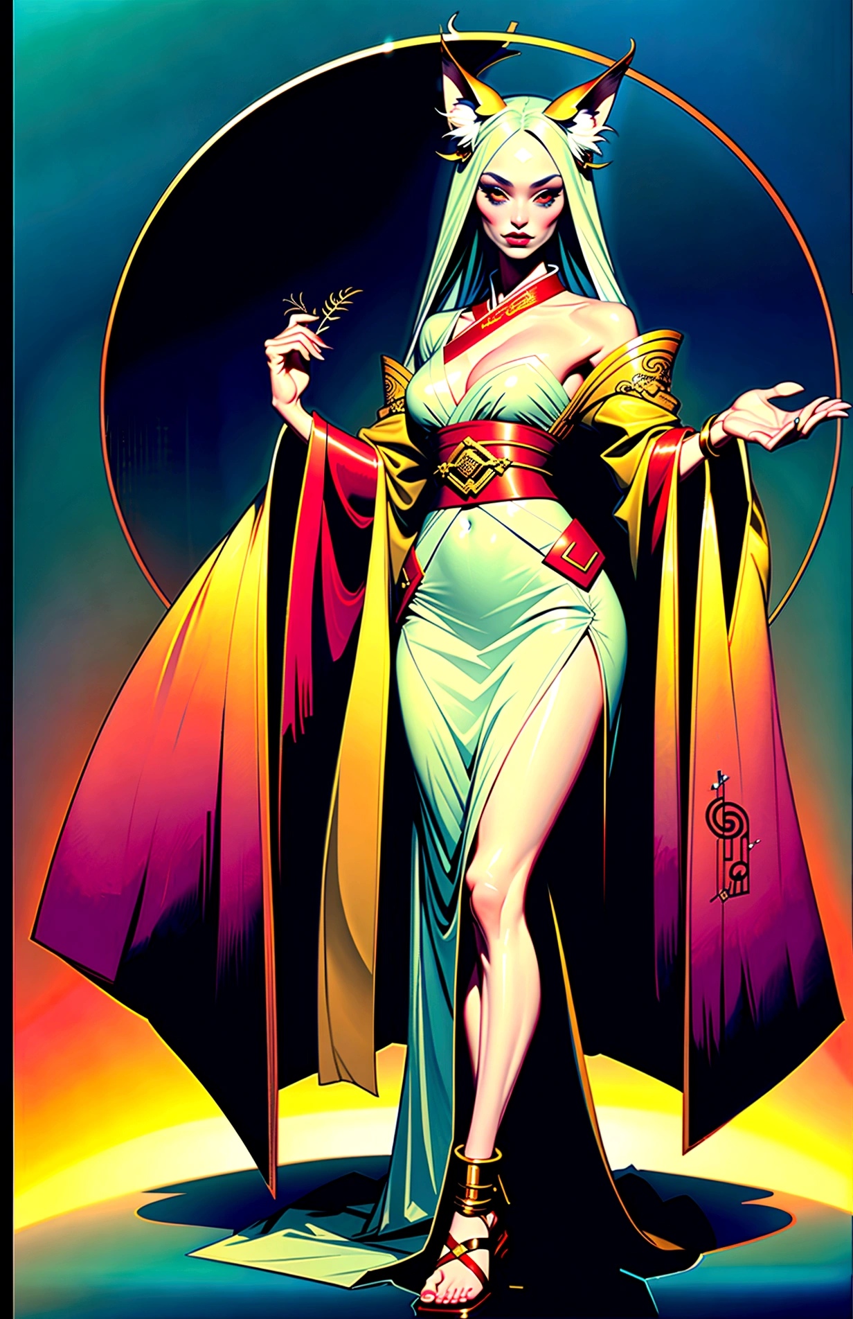 Masterpiece, best quality, full body shot (head and feet in the frame)(highly precise drawing down to the smallest detail)(extremely precise representation)a breathtakingly beautiful japanese yokai kitsune (fox goddess)accompanied by white fox(very athletic human body, fox ears, more than 3 foxtails)) dressed in (in typical color representation) a hanfu clothing worthy of a goddess with a beautiful headdress, fit, small breasts, paper lanterns and peonies, very detailed images, extremely detailed, complicated details, high resolution, super complex details,
