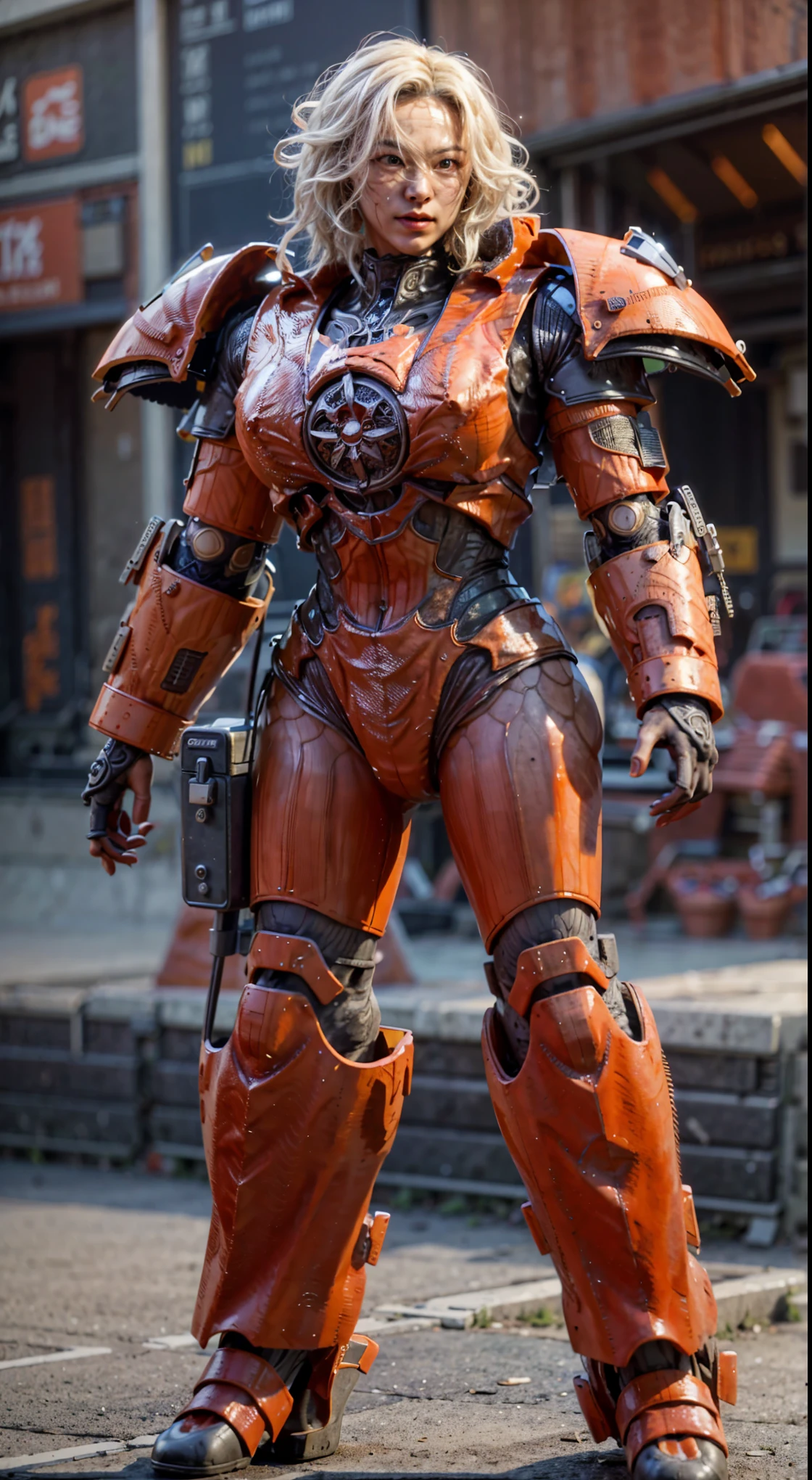 Dystopian night scene, very intricate details, Japanese woman wearing model-like armor, beautiful face, legs, cylinders that look like muscles, pose in motion, 8k, ultra high resolution, super realism, realistic photo, taken with Fuji film X-T30.+Nokton. HDR10