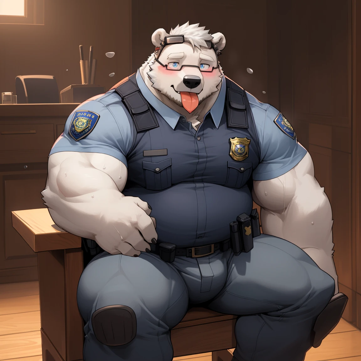 masterpiece, best quality, 8k resolution, Very detailed, hairy,(((polar bear)),(((Mature))),(((beard))),(((Strong))),(((White hair all over body))),(((portrait))),(((White hair))),(((Bureau))),For the audience,(((Police Uniform))),(((sit on the chair))),(((Tongue out))),Highest quality scene,Solitary,solitary,(((whole body))),(((Shameful))),(((Blushing))),((( Wearing vr glasses))),(((Legs apart))),(((sweaty))),((Fat-enclosed muscle)),(((Round face))),(((alone))),(((Strong body))),(((Hip bulge))),