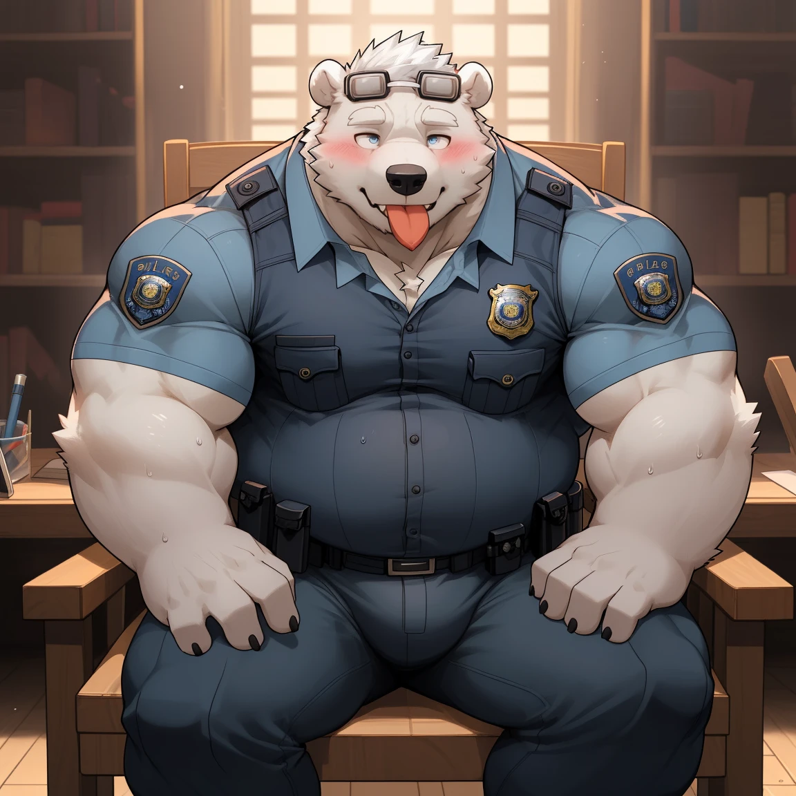 masterpiece, best quality, 8k resolution, Very detailed, hairy，(((polar bear))，(((Mature)))，(((beard))),(((Strong)))，(((White hair all over body)))，(((portrait)))，(((White hair)))，(((Bureau)))，For the audience，(((Police Uniform))),(((sit on the chair)))，(((Tongue out)))，Highest quality scene，Solitary，solitary，(((whole body)))，(((Shameful)))，(((Blushing)))，((( Wearing vr glasses))),(((Legs apart)))，(((sweaty)))，((Fat-enclosed muscle))，(((Round face)))，(((alone)))，(((Strong body)))，(((Hip bulge)))，