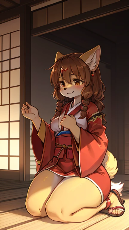 best quality, best resolution, (fluffy anthro furry), golden retriever girl, brown hair, curly hair, (light yellow fur), medium breast, thick thighs, (red kimono, jewelry, tabi, hakama skirt, sandals, gradient clothes,short sleeves, sash, wide sleeves, obi), kneeling, japanese house