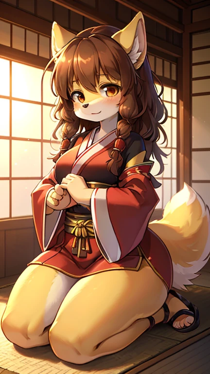 best quality, best resolution, (fluffy anthro furry), golden retriever girl, brown hair, curly hair, (light yellow fur), medium breast, thick thighs, (red kimono, jewelry, tabi, hakama skirt, sandals, gradient clothes,short sleeves, sash, wide sleeves, obi), kneeling, japanese house