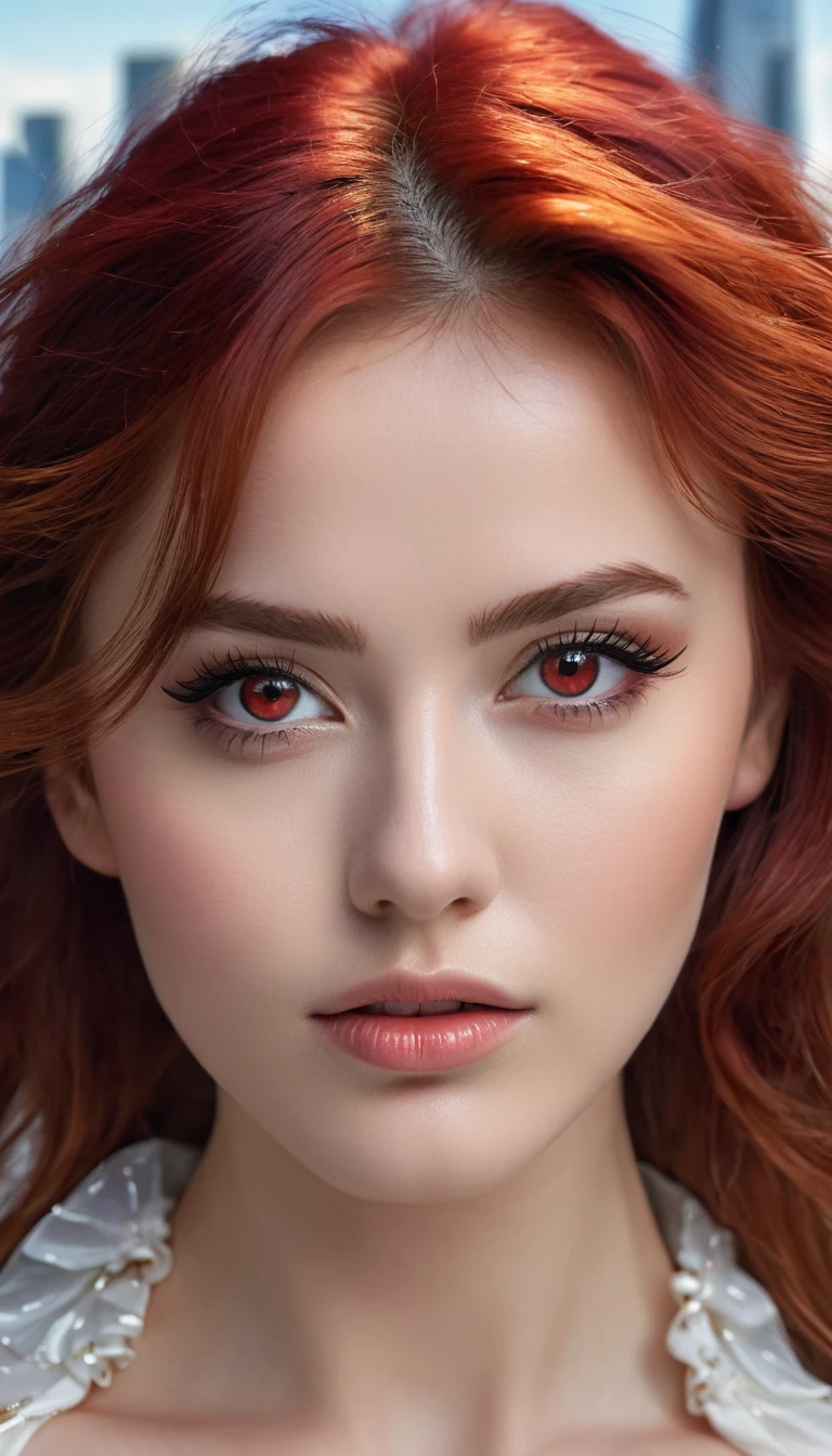 Bombshell beauty, close up of face, young woman, 22 year old woman, young, woman like a model from Paris Fashion Week, red hair, red eyes, beautiful detailed eyes, white skin, perfect face, high resolution, sharp focus, ultra detailed, highly detailed, photorealistic artwork, highly detailed CG unity, 8k, wallpaper, vibrant colors, vibrant themes, exquisite, masterpiece, best quality, artistic photography, photo by sldr, exquisite background) perfectly rendered face, perfect facial details, realistic face, photorealistic, exquisite details, realism, angel with wings, angel sitting on skyscraper, full body, toes depicted, wide view, background is Tokyo city, aerial view