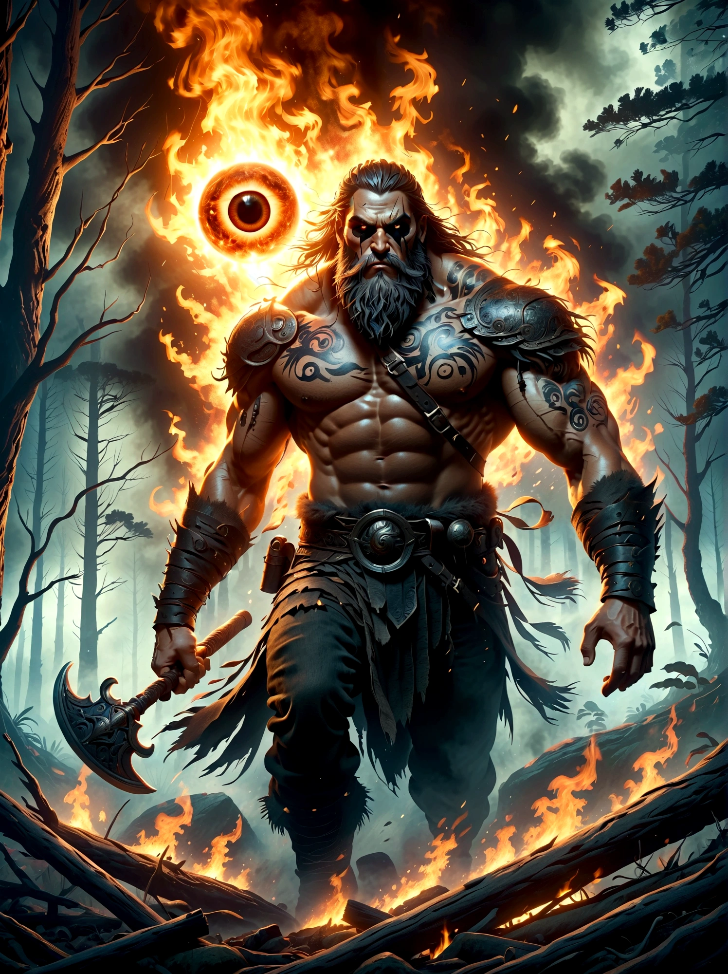 A one-eyed giant from Norse mythology, with a huge single eye covered by a black eye patch, depicted in a full-body view from a distance. The giant appears powerful and wild, with intricate details. The setting is a dark forest ablaze with hellish flames, creating a harsh environment. The artwork is in fantasy style, dark fantasy, with dramatic lighting, evoking an epic sense of destruction and fear. The image should be of the highest quality, 8k resolution, highly detailed, with 1.4 times the realism.