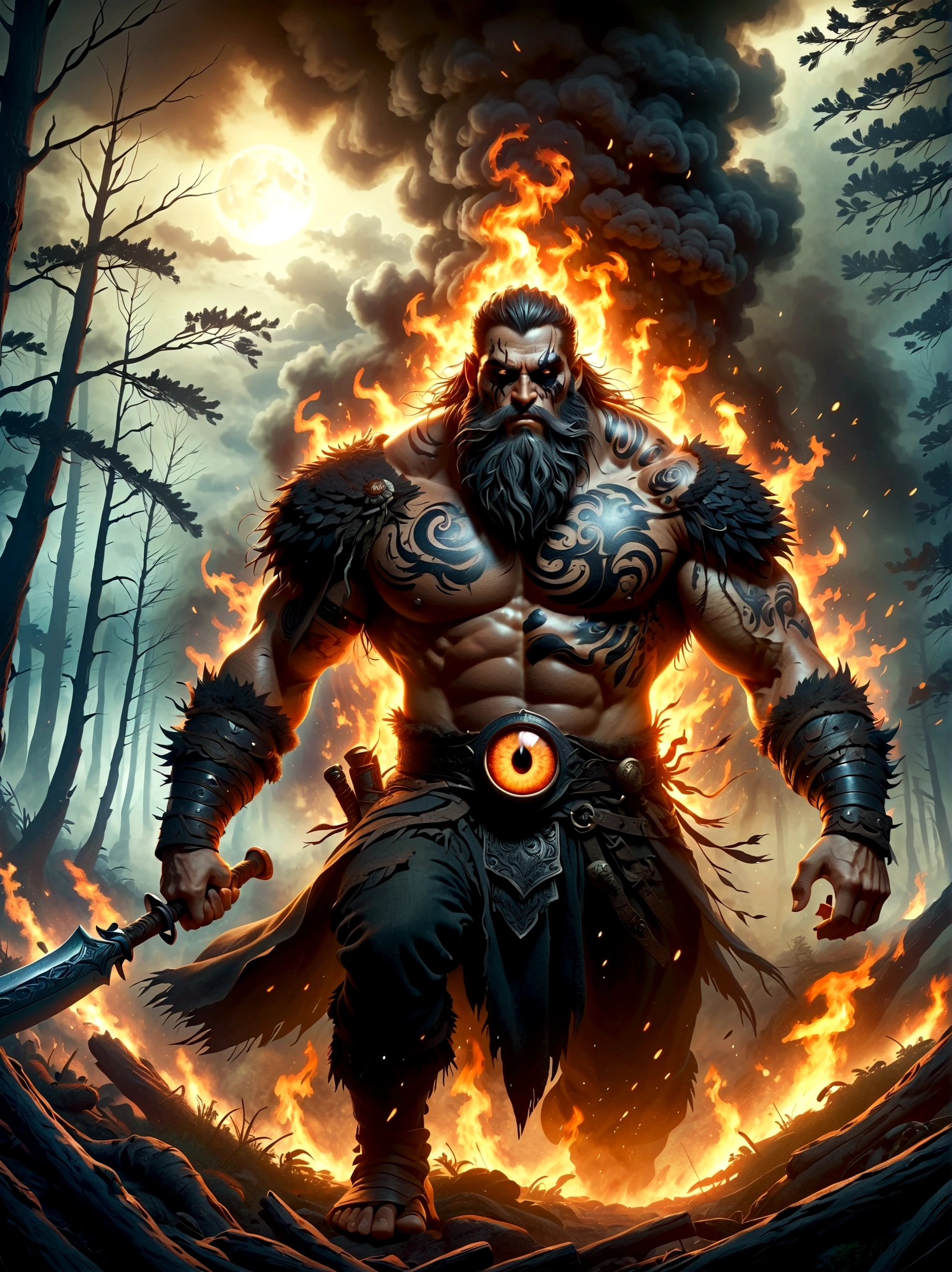 A one-eyed giant from Norse mythology, with a huge single eye covered by a black eye patch, depicted in a full-body view from a distance. The giant appears powerful and wild, with intricate details. The setting is a dark forest ablaze with hellish flames, creating a harsh environment. The artwork is in fantasy style, dark fantasy, with dramatic lighting, evoking an epic sense of destruction and fear. The image should be of the highest quality, 8k resolution, highly detailed, with 1.4 times the realism.