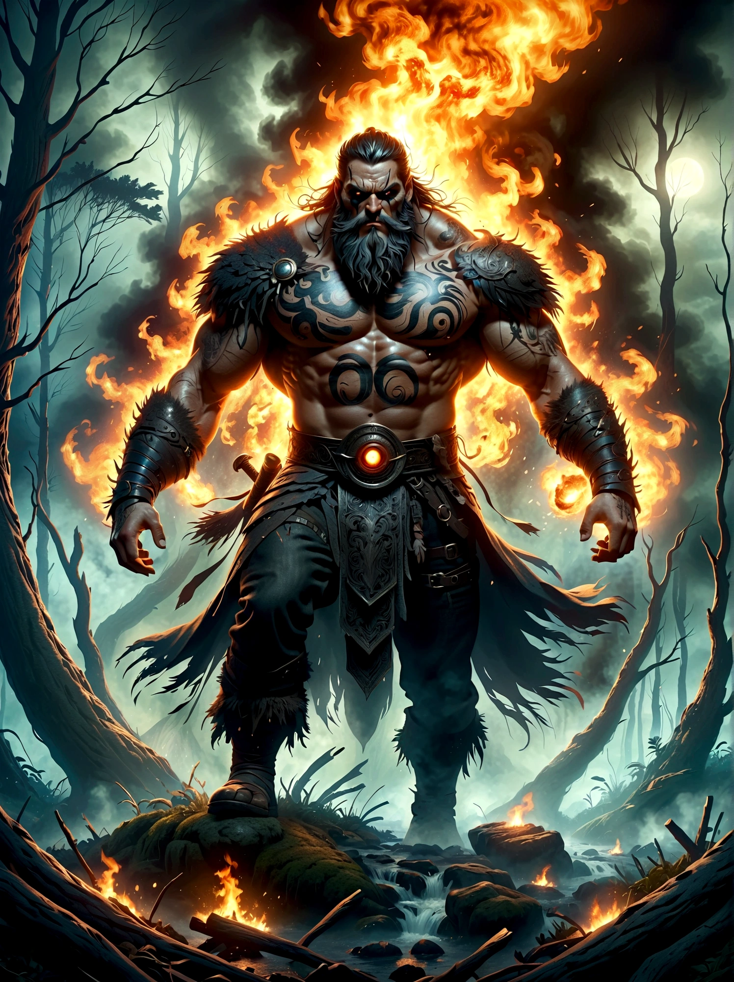 A one-eyed giant from Norse mythology, with a huge single eye covered by a black eye patch, depicted in a full-body view from a distance. The giant appears powerful and wild, with intricate details. The setting is a dark forest ablaze with hellish flames, creating a harsh environment. The artwork is in fantasy style, dark fantasy, with dramatic lighting, evoking an epic sense of destruction and fear. The image should be of the highest quality, 8k resolution, highly detailed, with 1.4 times the realism.