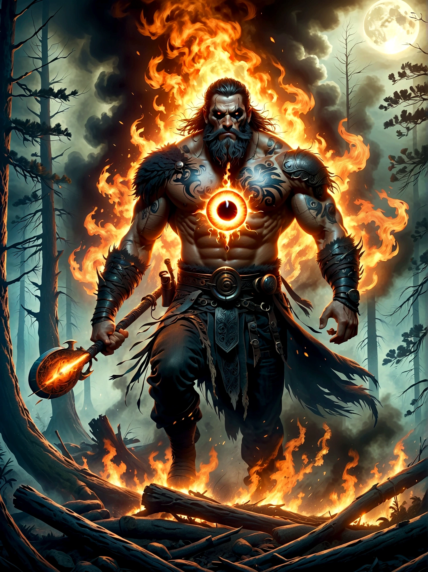 A one-eyed giant from Norse mythology, with a huge single eye covered by a black eye patch, depicted in a full-body view from a distance. The giant appears powerful and wild, with intricate details. The setting is a dark forest ablaze with hellish flames, creating a harsh environment. The artwork is in fantasy style, dark fantasy, with dramatic lighting, evoking an epic sense of destruction and fear. The image should be of the highest quality, 8k resolution, highly detailed, with 1.4 times the realism.