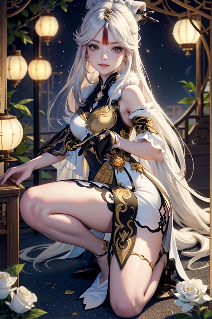 1girl, white roses, ornament hair, white roses on her hair, holding a lantern, perfectly body, perfectly hands, white hair, wave hair, long hair, seat on a her knees, chinese home style, oriental architecture, gold lantern, white dress, more details on her clothes, golden details, night, smiling, coat,