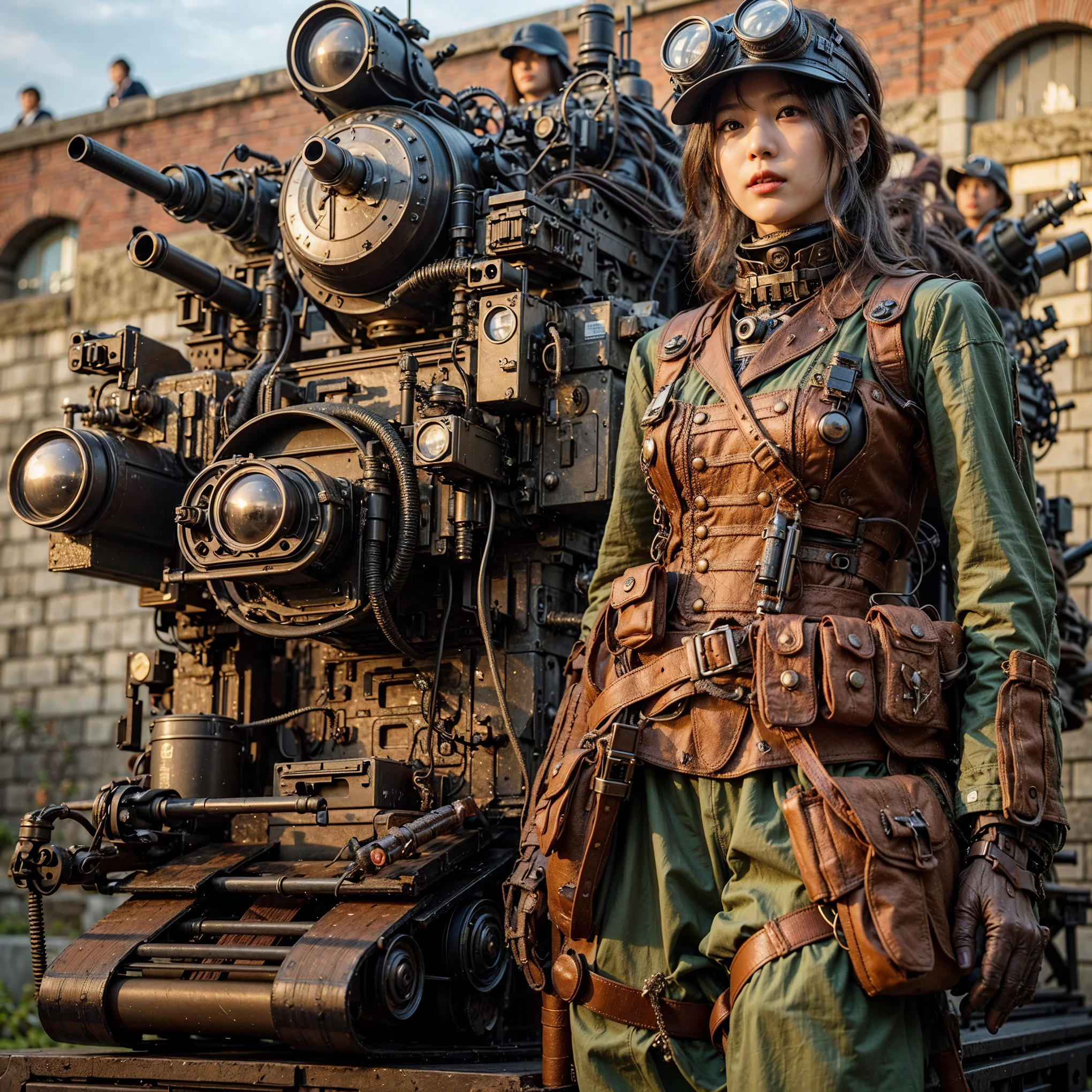 Dystopian night scene, very intricate details, Japanese woman wearing model-like armor, beautiful face, legs, cylinders that look like muscles, pose in motion, 8k, ultra high resolution, super realism, realistic photo, taken with Fuji film X-T30.+Nokton. HDR10