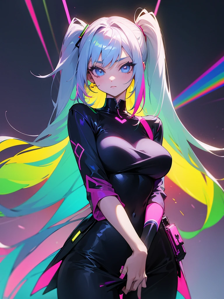 Anime girl, dark neon rainbow outfit, fashion design, fashion magazine