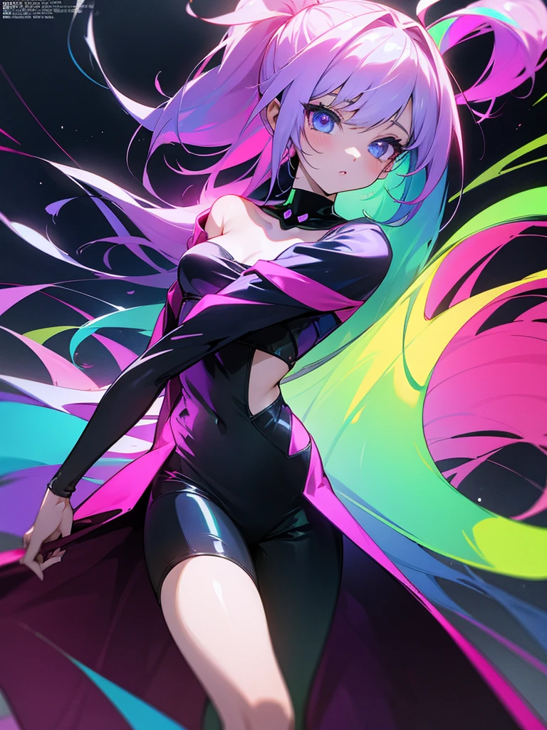 Anime girl, dark neon rainbow outfit, fashion design, fashion magazine