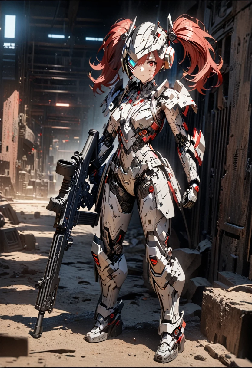 3D digital art from the fantasy world, 1girl, robot girl, red hair, twin tails, red eyes, white and gray camouflage clothing, she wearing flashy robot armor, (holding an urban camouflage long range rifle:1.5), a robot-like helmet on the head, scouter in one eye, the skin on half of the face has peeled off, the base of the cyborg is visible, face full of scars,(full body view),High resolution, high precision images, 4k, 8k, best quality, hyper-detailed, intricate details, cinematic lighting, dramatic colors, concept art style
