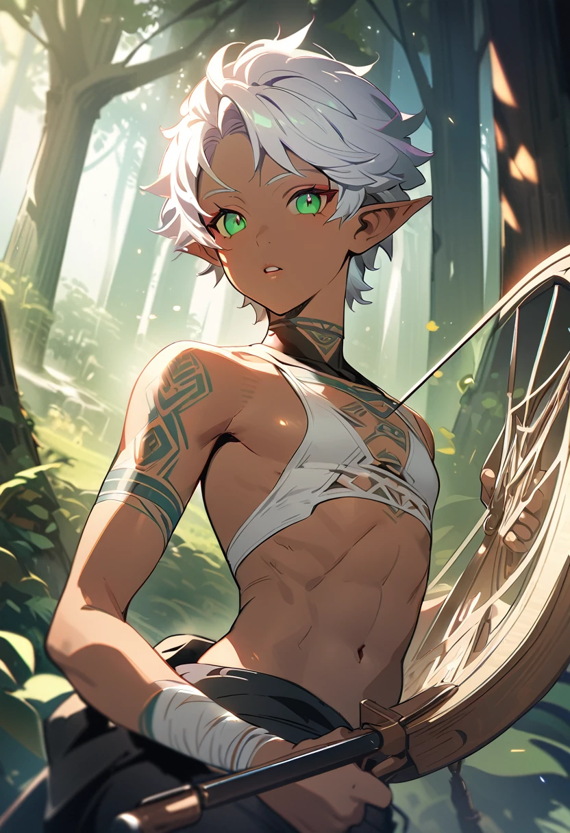 1boy, trap, wood elf, short white hair, green eyes, full lips, dark skin, white tribal tattoos, flat chest, thong, holding a bow, fantasy background, textured skin, UHD, UHD, UHD, UHD, award winning, high details, incredible high-key lighting and shadows, masterpiece, incredible illustration (anime style:1.5), modernism art, digital art pastel style, forest background