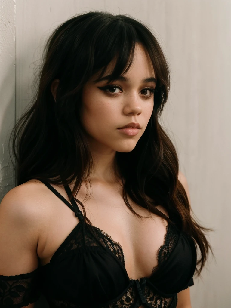 jenna_ortega wearing black lace lingerie, bare shoulders, long hair, eyeliner, upper body, solid wall background,