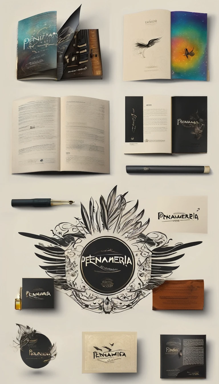 Create a minimalistic, modern, creative, hipnotic, simple, memorable, poetic, fantastic logo that conveys the true essence and message of a brand about music, dreams and stories called "Penamemoria". It should fit well, whether in a children's book, on a poster for a concert, or in the credits of a drama film, at the cinema. The brand is formed by a young musician/dreamer/guitarist who is inspired by birds and feathers. The theme has to do with birds, feathers, memories, stories, dreams, fantastic, boy, acoustic guitar. Something that you can put on a t-shirt (for example) and feel like you're wearing something from someone who never stops dreaming.