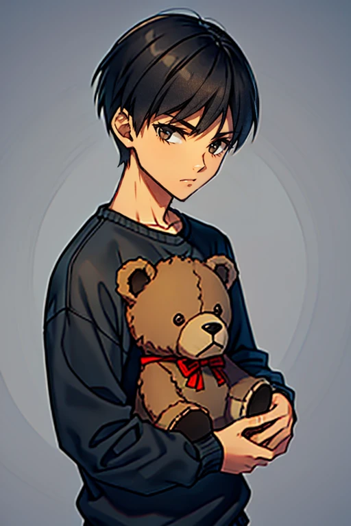 man 12 years old with short black hair melancholic red eyes wearing gray clothing carrying a brown teddy bear