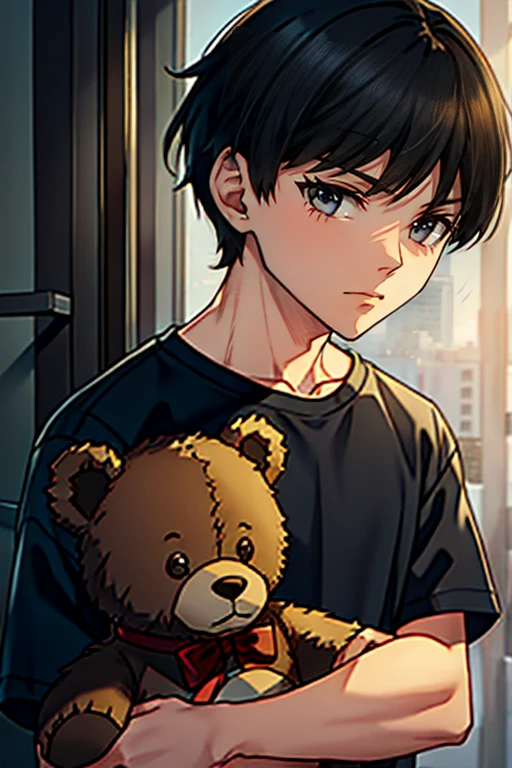 man 12 years old with short black hair melancholic red eyes wearing gray clothing carrying a brown teddy bear