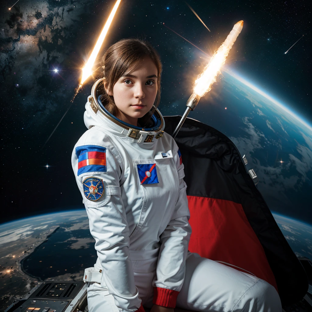 Girl in a spacesuit with a Russian flag on her shoulder, sits and looks into the eluminator