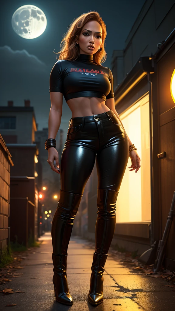 Jennifer Lopez dressed as jason voorhees. tight shiny work pants, thigh high leather boots, crop work shirt. standing. Side view. underboob. background moon.