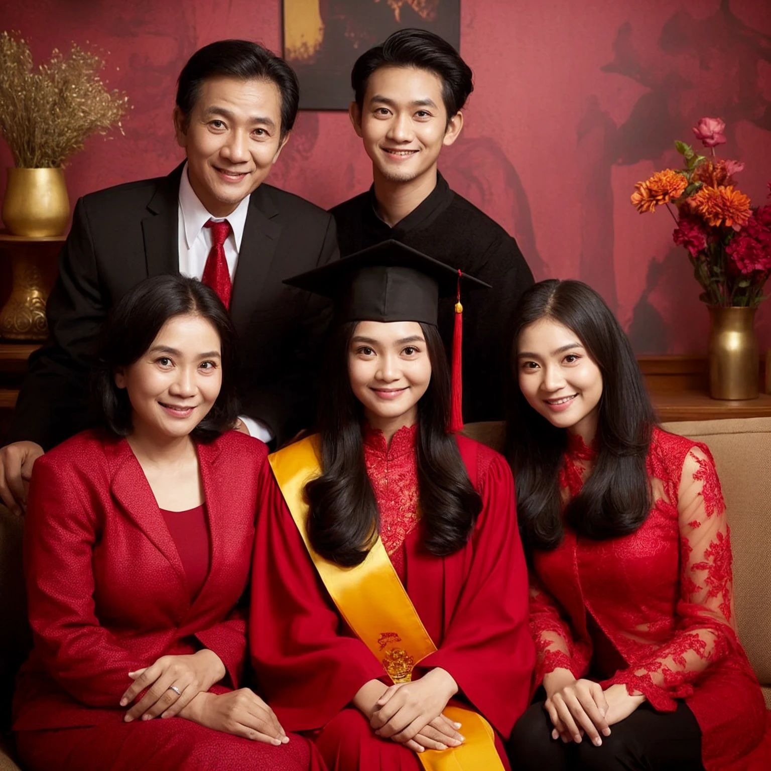 Indoor photography of an Indonesian family. A 20-year-old woman (hair in a bun, wearing a black graduation cap, red kebaya, and yellow sash) is sitting with her 50-year-old father who has a smooth face and black hair, and her 50-year-old mother who has long hair. Behind them stands a 20-year-old man and a -yeld gi They are all wearing red blazers and red kebayas, smiling slightly. The background features maroon abstract walls, flower vases, and side tables. Good lighting.