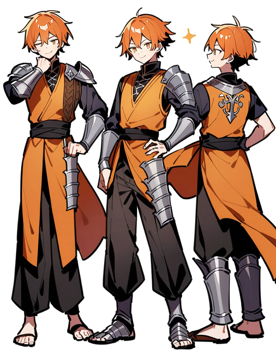 Illustrations with a pure white background。A man with orange hair combed back、He is wearing an orange medieval vest over his bare skin.。The lower half of the body is made in the Middle Ages.、Wearing loose pants。He wears an iron gauntlet on his arm。He wears iron leg guards on his feet.。The man has an innocent smile、He is posing with his left hand on his hip.。