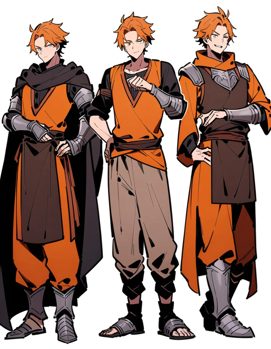 Illustrations with a pure white background。A man with orange hair combed back、He is wearing an orange medieval vest over his bare skin.。The lower half of the body is made in the Middle Ages.、Wearing loose pants。He wears an iron gauntlet on his arm。He wears iron leg guards on his feet.。The man has an innocent smile、He is posing with his left hand on his hip.。