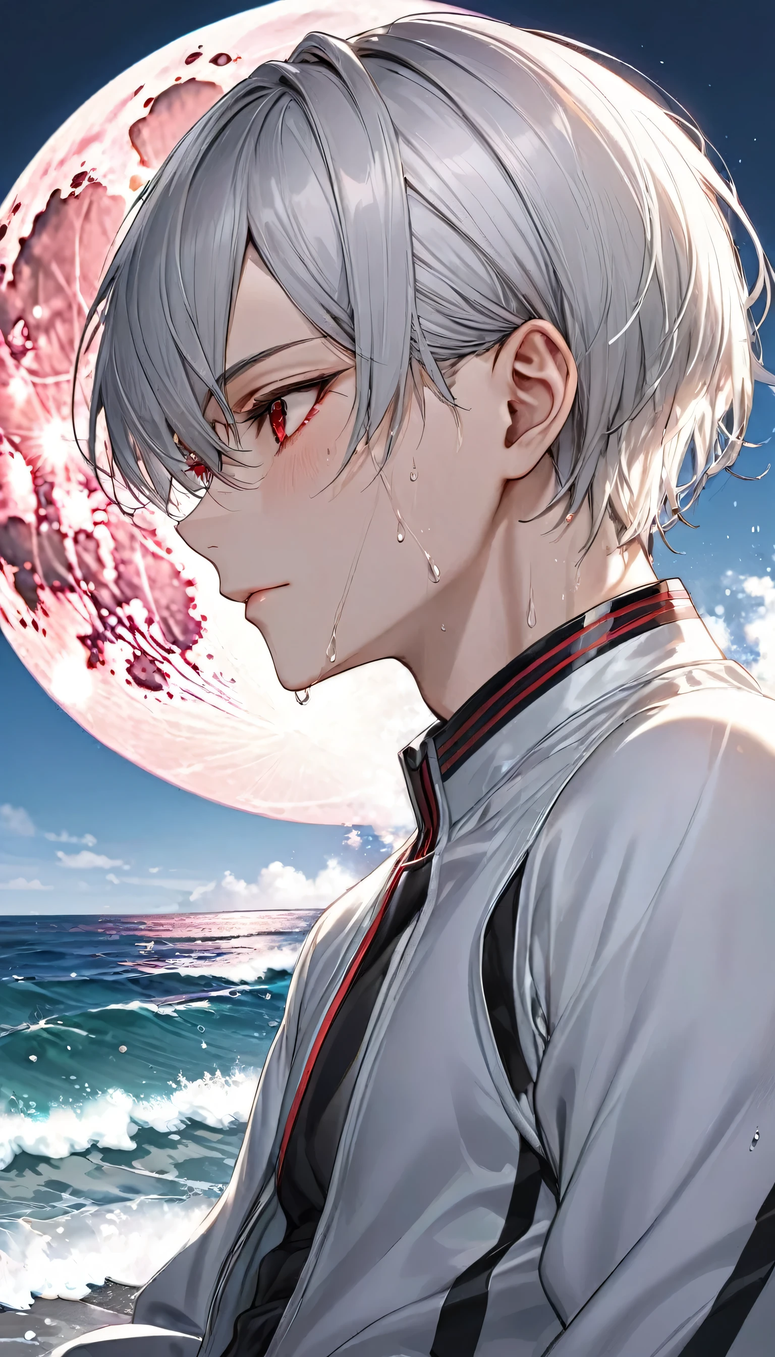(profile:2 close-up face), (love style) ((16 yo)), (solo:2 crew cut silver hair very short hair divine cool boy, serious red eyes, sweaty skin), break, (in a dbutler suit), break, (in the open ocean view beach), (background detailed biggest pink moon), BREAK, perfect anatomy, masterpiece, best quality, 16k, beautiful detailed grow, daydreaming expression.