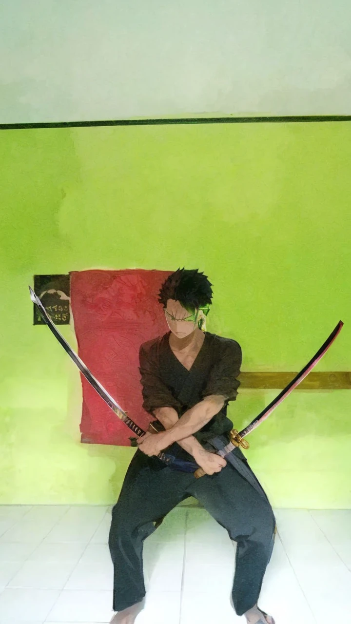 zoro, solo, looking at viewer, short hair, long sleeves, 1boy, jacket, upper body, weapon, male focus, japanese clothes, green hair, water, from side, scar, sheath, scar on face, sheathed, hair slicked back