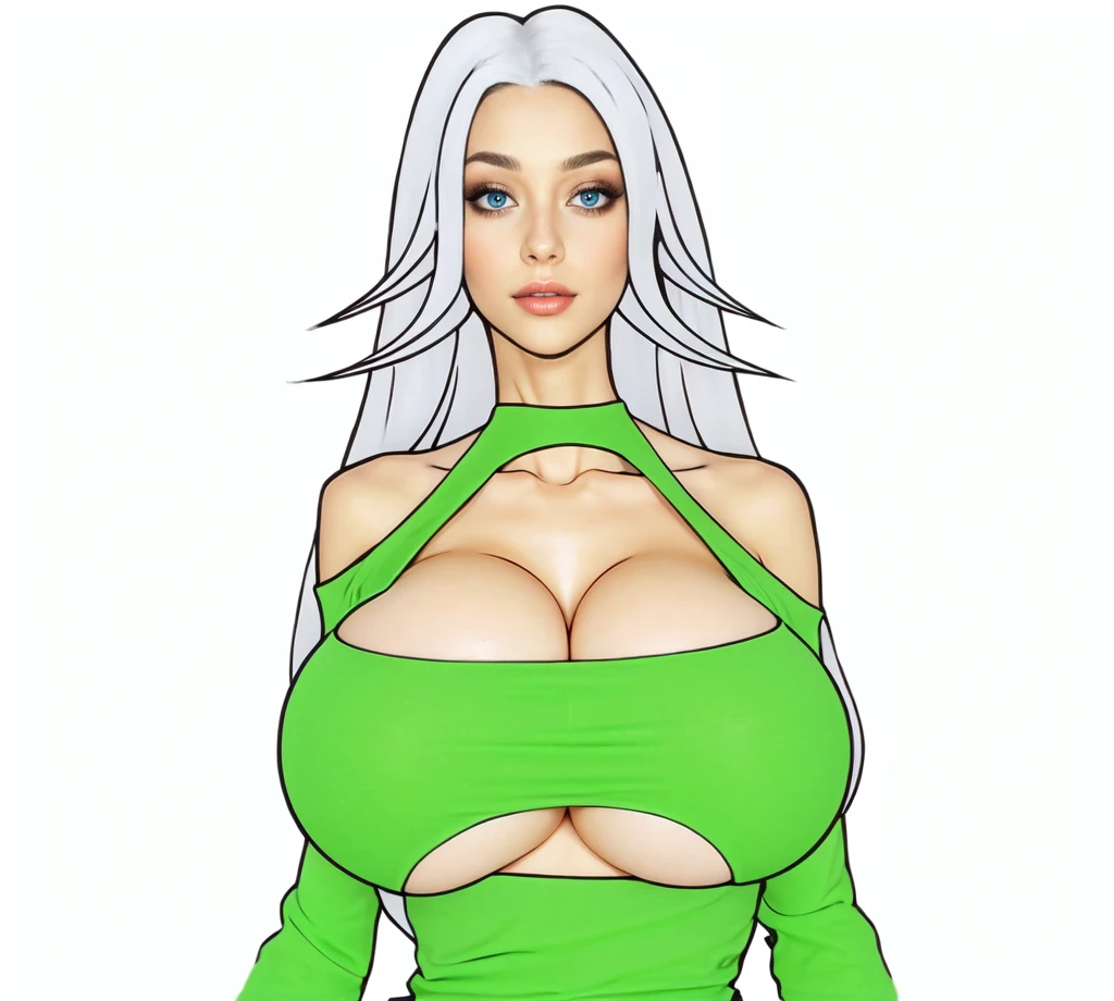 women, silver long hair, blue eyes, green Shirt, CleAVAGE; Big breast, standing