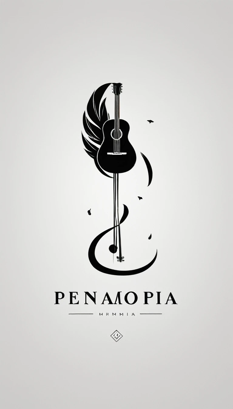A minimal, modern, simple, cinematic logotype for the brand “Penamemoria".. The logo must convey a sense of music, stories and dreams. Minimalistic, abstract, logo of a boy-feather playing acoustic guitar