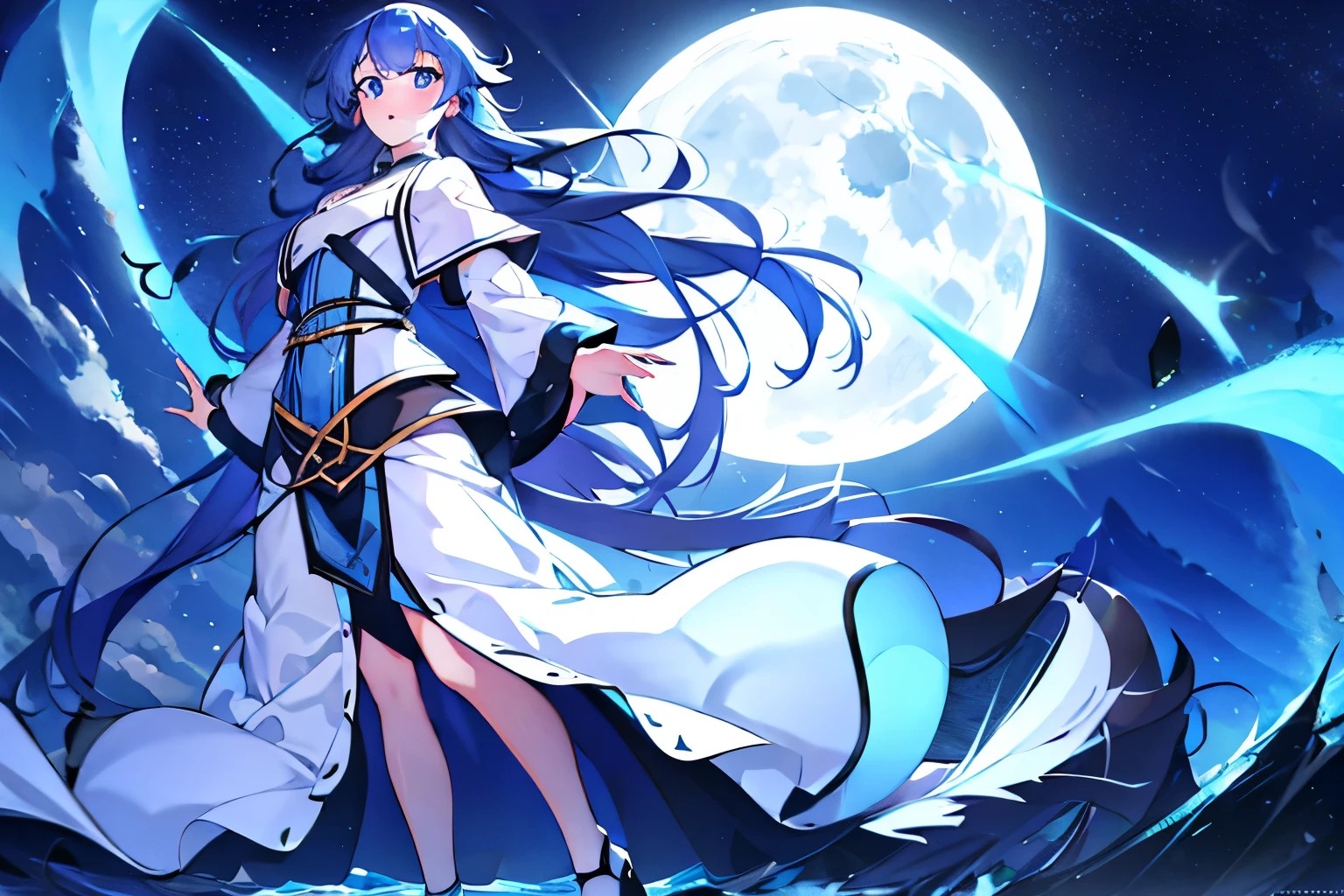 fullmoon, fullbody, detailed, high quality, beautiful, blue hair, standing