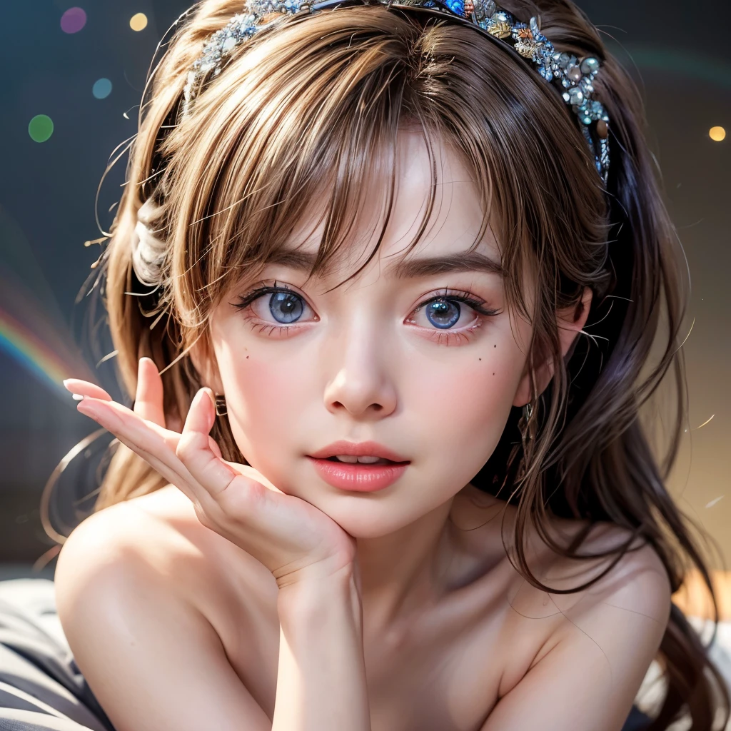 NSFW, 8k, High-level, absurd, masterpiece, best quality, primitive, very detailed CG, very detailed wallpaper, perfect lighting, Extremely detailed (((The personifying " Ingrid Bergman " as a Little Girl))), MysticSight, Tyndall effect, Tyndall scattering, Studio gray background with (many Dazzling RainbowColor particles BokeH:1.28), (RoundlyButts, ThighGap), (Exposed:0.4), (Assfocus with looking ahead), BREAK (NOGIZAKA face variations) Extremely Detailed very KAWAII face variations, perfect anatomy, Childish, captivating gaze, elaborate detailed Eyes with (sparkling highlights:1.28), long eyelashes、Glossy RED Lips with beautiful details, Coquettish tongue, Rosy cheeks, Radiant PearlSkin with clear transparency . { (Dynamic LifeLike expressions:1.4) | :d) }, (large eyes:-1) .