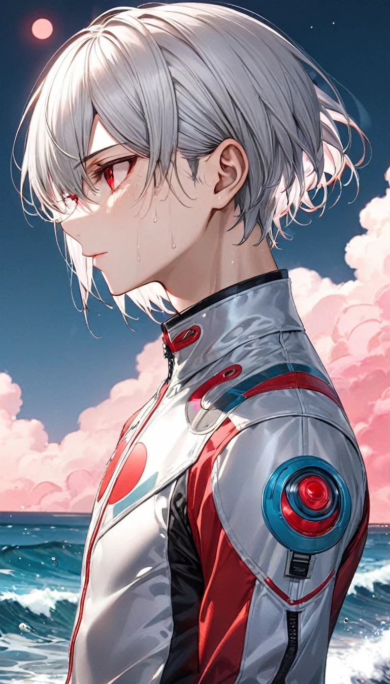 (profile:2), (love style) ((16 yo)), (solo:2 crew cut silver hair very short hair divine cool boy, serious red eyes, sweaty skin), break, (in a dbutler suit), break, (in the open ocean view beach), (background detailed biggest pink moon), BREAK, perfect anatomy, masterpiece, best quality, 16k, beautiful detailed grow, daydreaming expression.