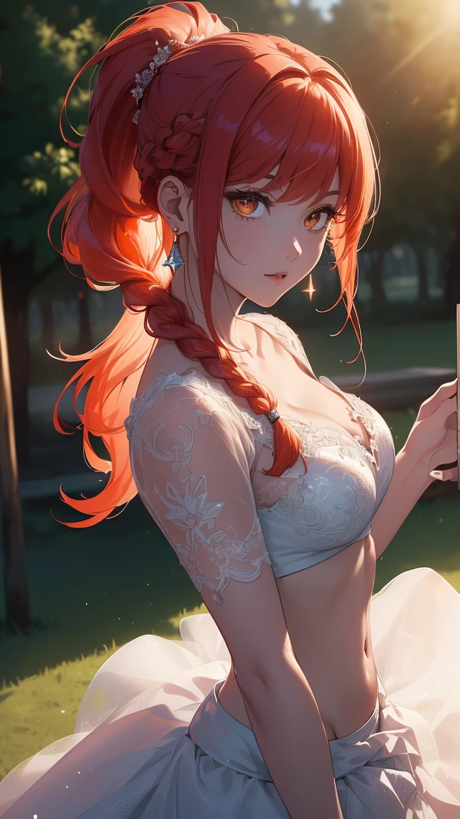 ((masterpiece, best quality:1.2), solo, 1girl, Makima, Chainsawman, red hair, braided ponytail, orange round pupil, ringed eye, looking at viewer, earrings, midriff, official art, extremely detailed CG unity 8k wallpaper, perfect lighting, (masterpiece:1.0),(best_quality:1.0), ultra high res,4K,ultra-detailed, photography, 8K, HDR, highres, absurdres:1.2,, bokeh:1.2, lens flare, (vibrant_color:1.2),(beautiful_face:1.5),(narrow_waist),(perfect hands, perfect anatomy), breasts, wedding dress, wedding dress, gala dinner, holding a glass of wine