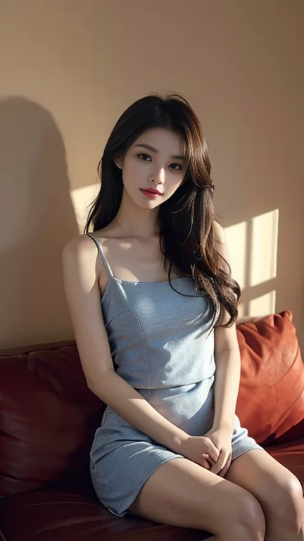 1 Girl,Sit on a comfortable sofa,Soft Light,Chinese Beauty, dress,Dark-haired,Length of hair