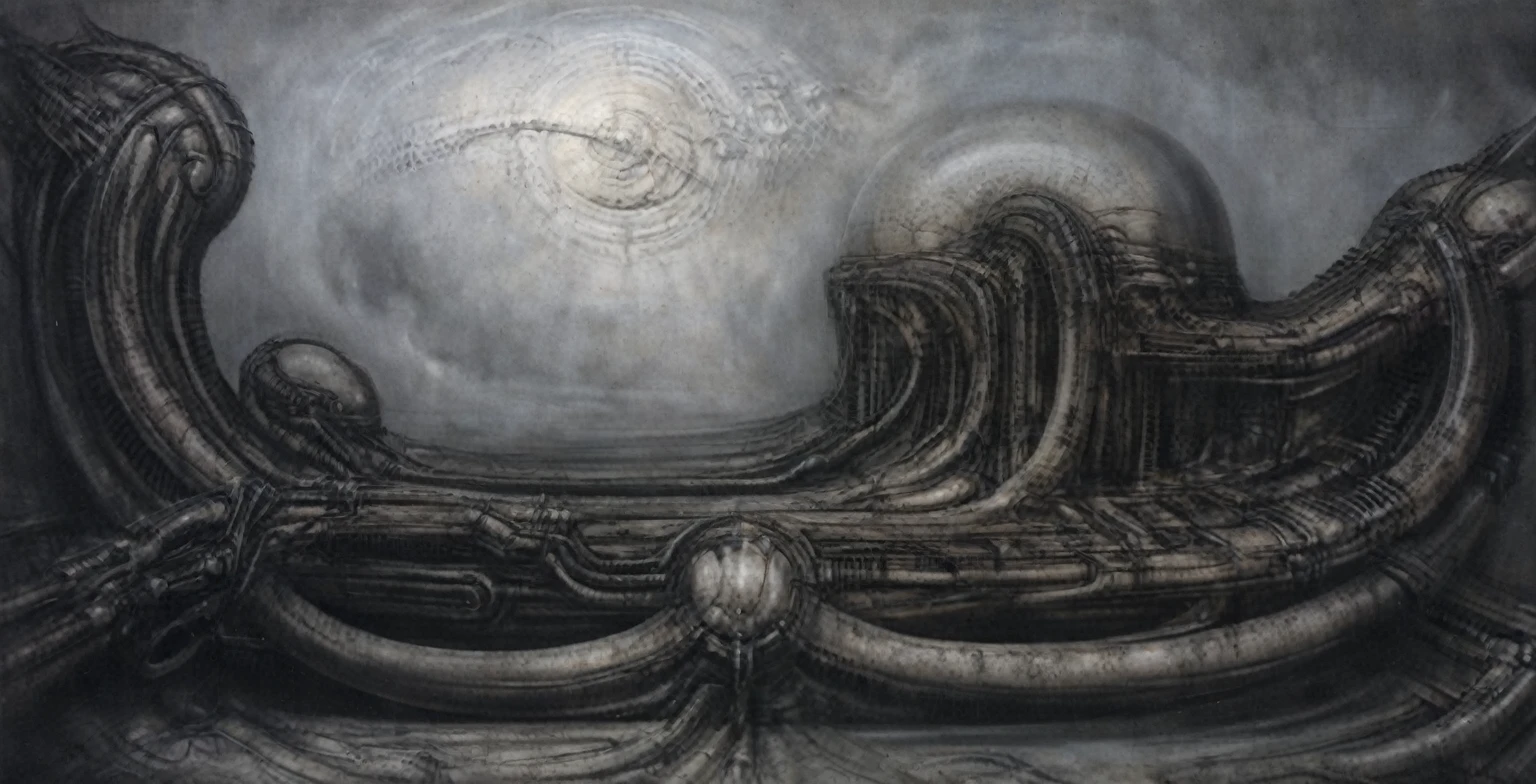 Create biomechanical tableau with some of the artistic techniques and compositional features used in /&quot;Necron IV/” by h r (Hans Rudie) giger:
 The image depicts a complex, sprawling city made of dark ivory, metal and wires. The city is densely packed with loops and twists, resembling a massive, intricate machine.
The painting is composed around a central focus of bone-like celestial formations and tectonic weathering structures with a phallic spine. This central form is the most detailed and brightly lit part of the painting, and it draws the viewer's eye in.The central focus is emphasized by the use of light and shadow. The light source is coming from the top left of the painting, and it casts a bright spotlight on the scene.
Biomorphic forms: The biomechanical forms in the painting are inspired by biological organisms, but they are also machine-like. These forms create a sense of unease and discomfort, as they blur the line between the natural and the artificial
. The image is highly detailed and intricate, uses, with transparent organs and bones exposed). The piece has a thick mechano-organic texture and is covered in fine details. The image has a swirling, organic quality to it. The artistic manner would be unmistakably Gigeresque. A dark and unsettling beauty would permeate the piece, blurring the lines between fascination and repulsion , forever haunted by the grotesque allure. Giger's signature artistic manner would be evident in every stroke. The airbrush would be wielded with masterful precision to create a hyperrealistic yet nightmarish aesthetic.,hrgiger,H.G. Giger Style, Biomechanics,HRGigerArhP style