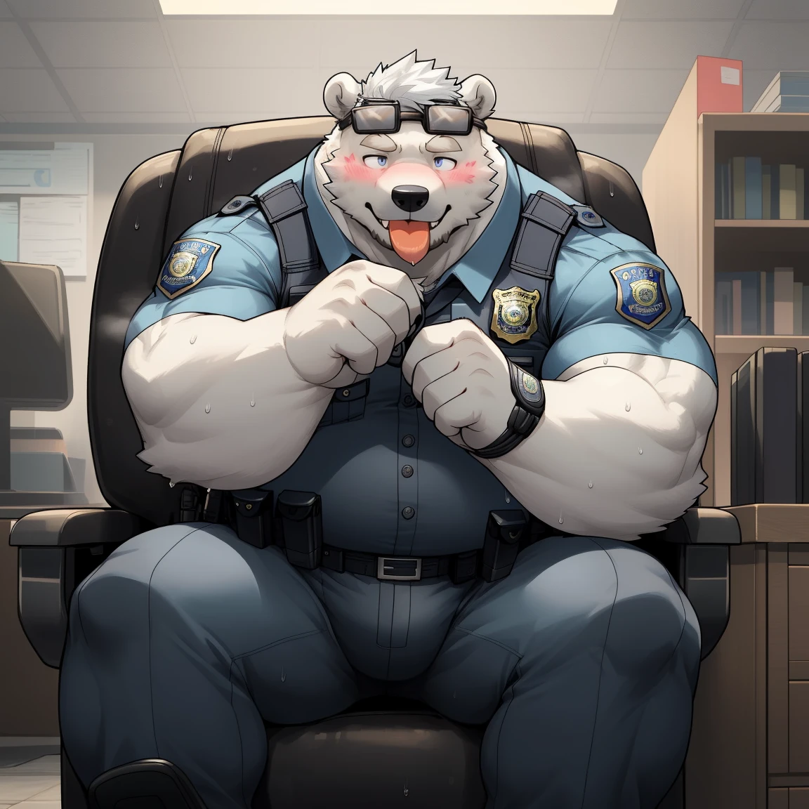 masterpiece, best quality, 8k resolution, Very detailed, hairy,(((polar bear)),(((Mature))),(((beard))),(((Strong))),(((White hair all over body))),(((portrait))),(((White hair))),(((police office))),For the audience,(((Police Uniform))),(((sit on the chair))),(((Tongue out))),Highest quality scene,Solitary,solitary,(((whole body))),(((Shameful))),(((Blushing))),((( Wearing vr glasses))),(((Legs apart))),(((sweaty))),((Fat-enclosed muscle)),(((Round face))),(((alone))),(((Strong body))),(((Hip bulge)))