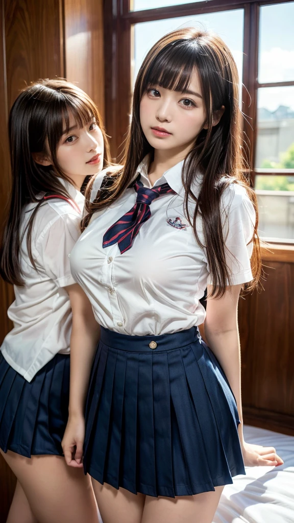 (RAW photo, 4k, masterpiece, high resolution, extremely complex) (realistic: 1.4), cinematic lighting
((2 girls, 2 schoolgirls)),Slam Dunk's,blushing,((innocent)),bright eyes,round eyes,blunt bangs,(straight hair:1.3),black hair,large breasts,wide hips,Summer Noon, ,Hot, (Best Quality), (Highres), (an Extremely Delicate and Beautiful),(Beautiful 8k face),(Brown eyes),short bob hair,( spectators),(gigantic breasts),(Play with each other,Touching each other's bodies,Touching the body),(Japanese high school uniform:1.3),blue skirt,(reality),bright lighting,(The background is a luxury hotel room)