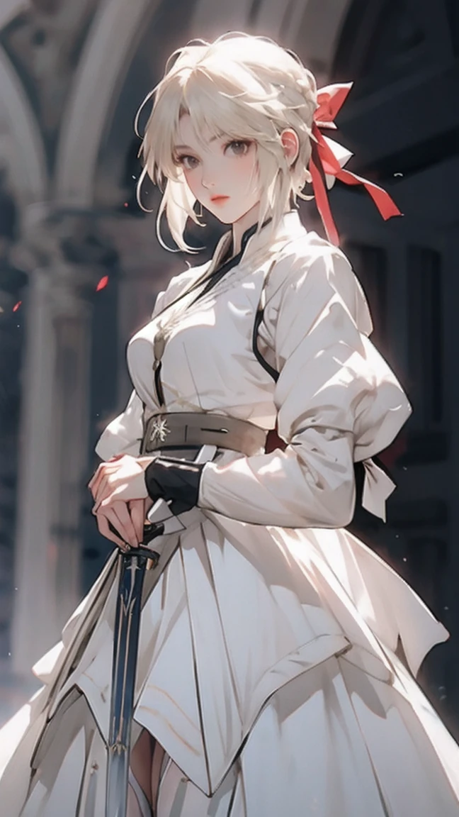 Saber1girl, white garter beltwhite dressbowplatinum blonde hair
