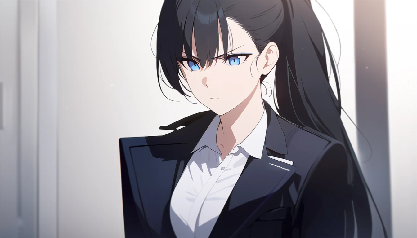 (masterpiece, high quality, best quality, highres,) One Woman, young, black hair, ponytail, Blue Eyes, Athletic build, determined, closed mouth, shirt, Black suit, Simple, white background, Are standing, cowboy shot, Photograph from the front